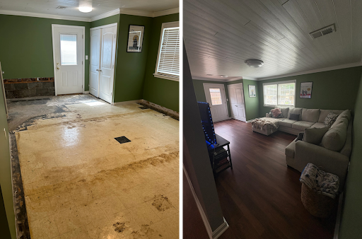 Before and after of a living room after restoration.