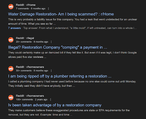 Screenshot of Reddit search results. "Water damage restoration- am I being scammed?"